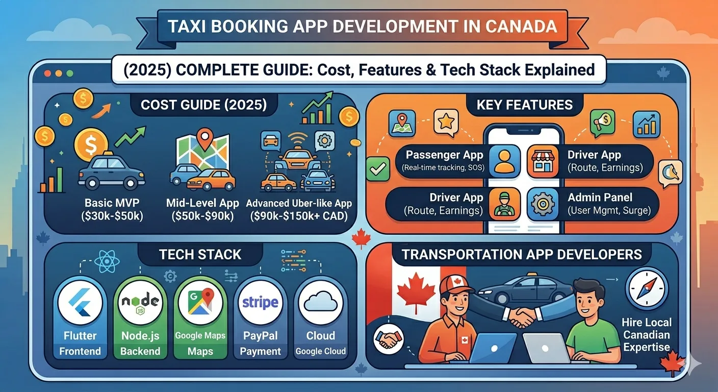 Taxi Booking App Development Canada: Cost, Features Tech Stack Explained (2025)