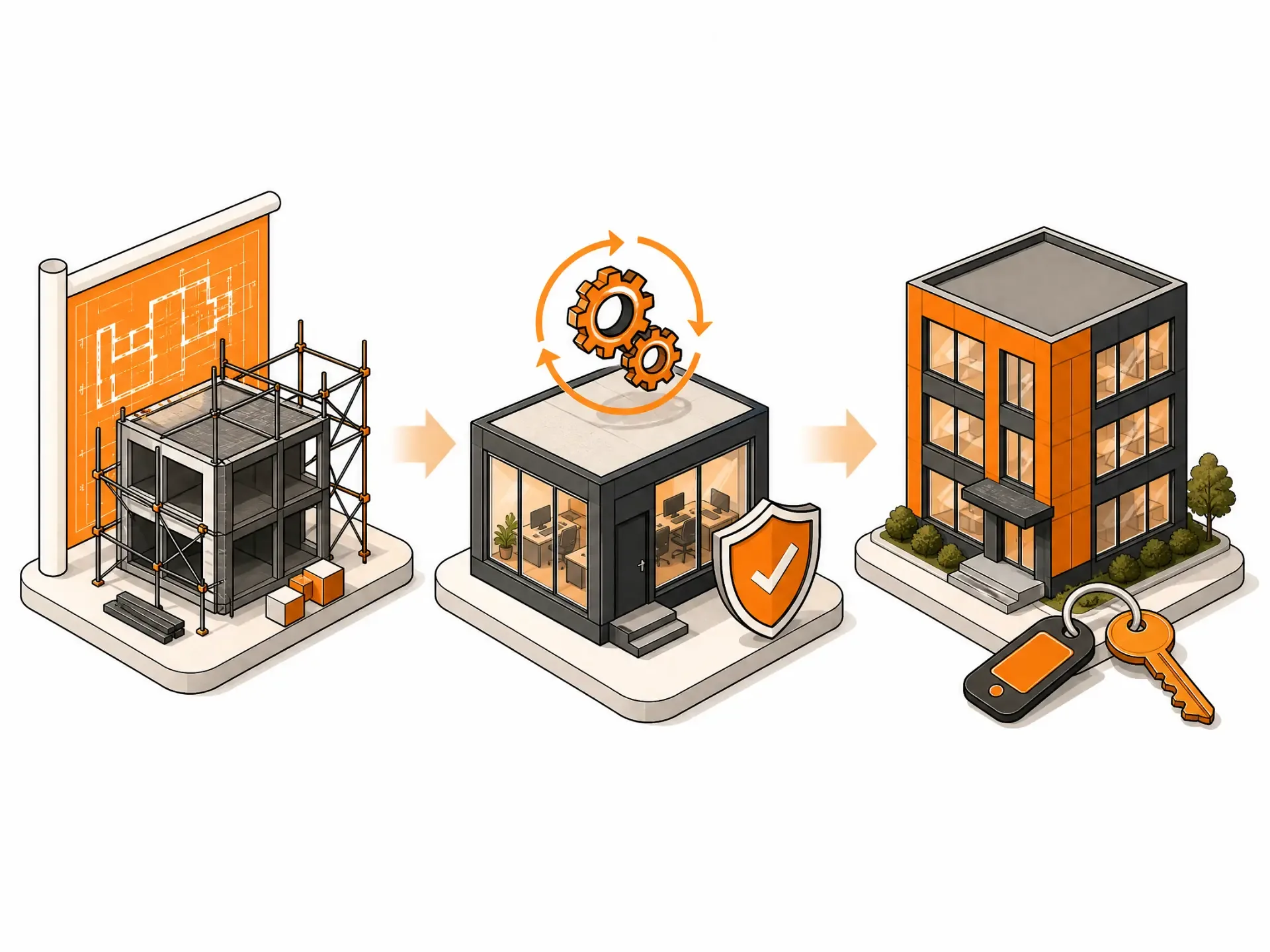 The three phases of a build-operate-transfer engagement: a team being built, an operating and secured office, then the keys handed over to the client.