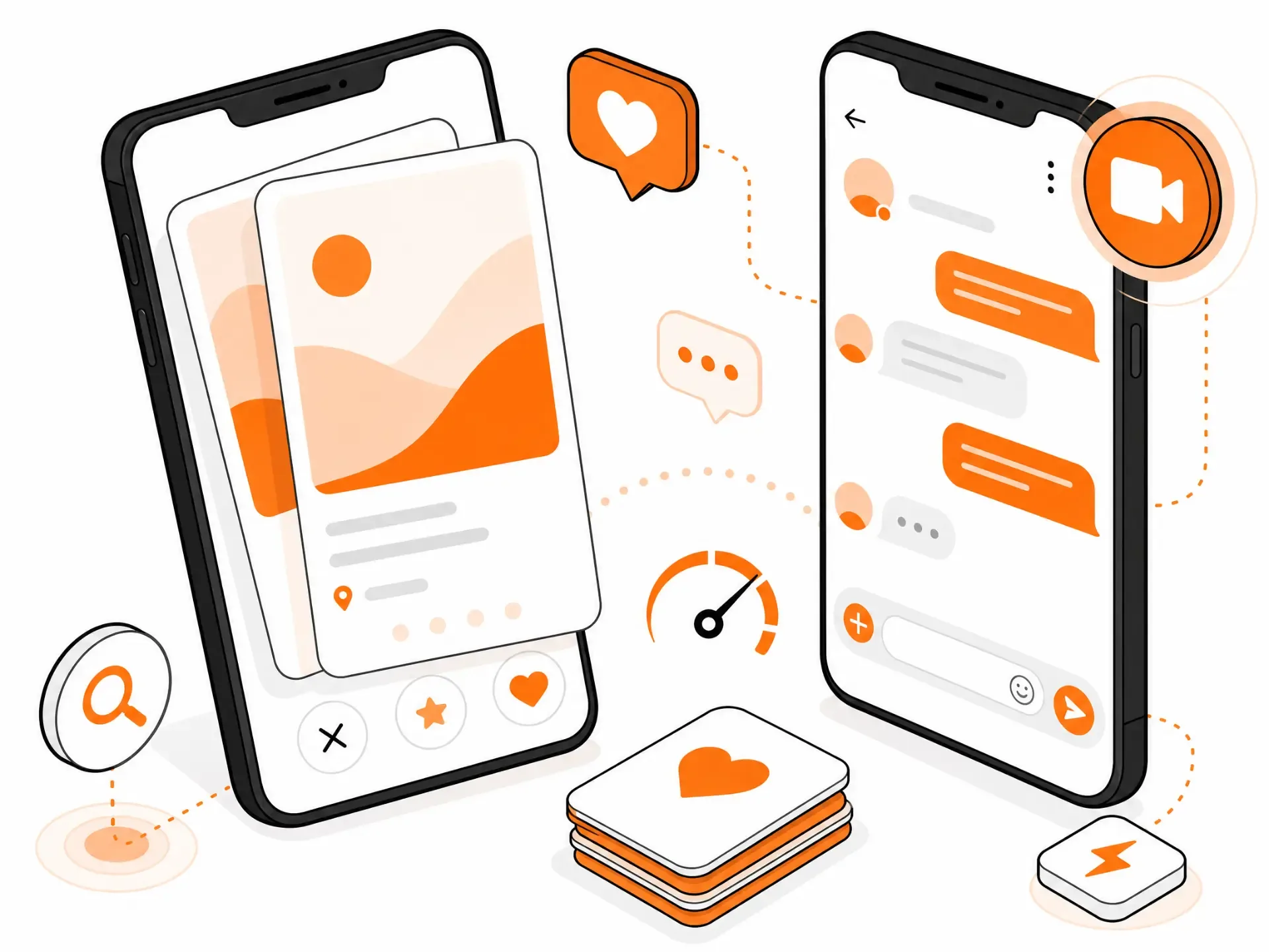 A dating app profile card screen and a real-time chat screen with video calling, typing indicators and instant messaging.