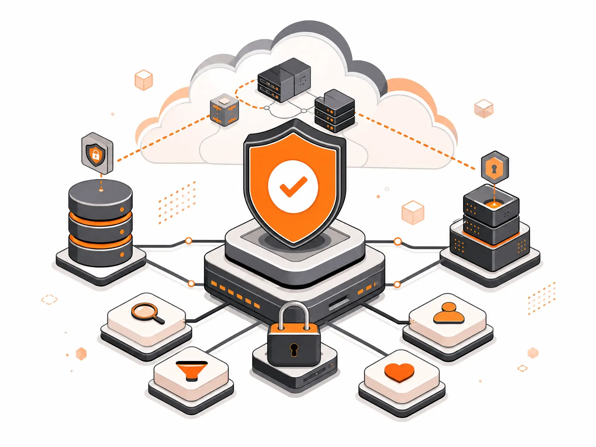 Secure cloud architecture for a dating app: databases, servers, encryption and moderation services connected behind a security shield.