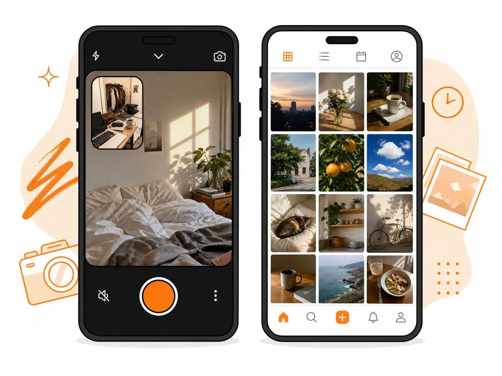 Unfiltered dual-camera capture screen next to a curated photo grid, contrasting authenticity and curation