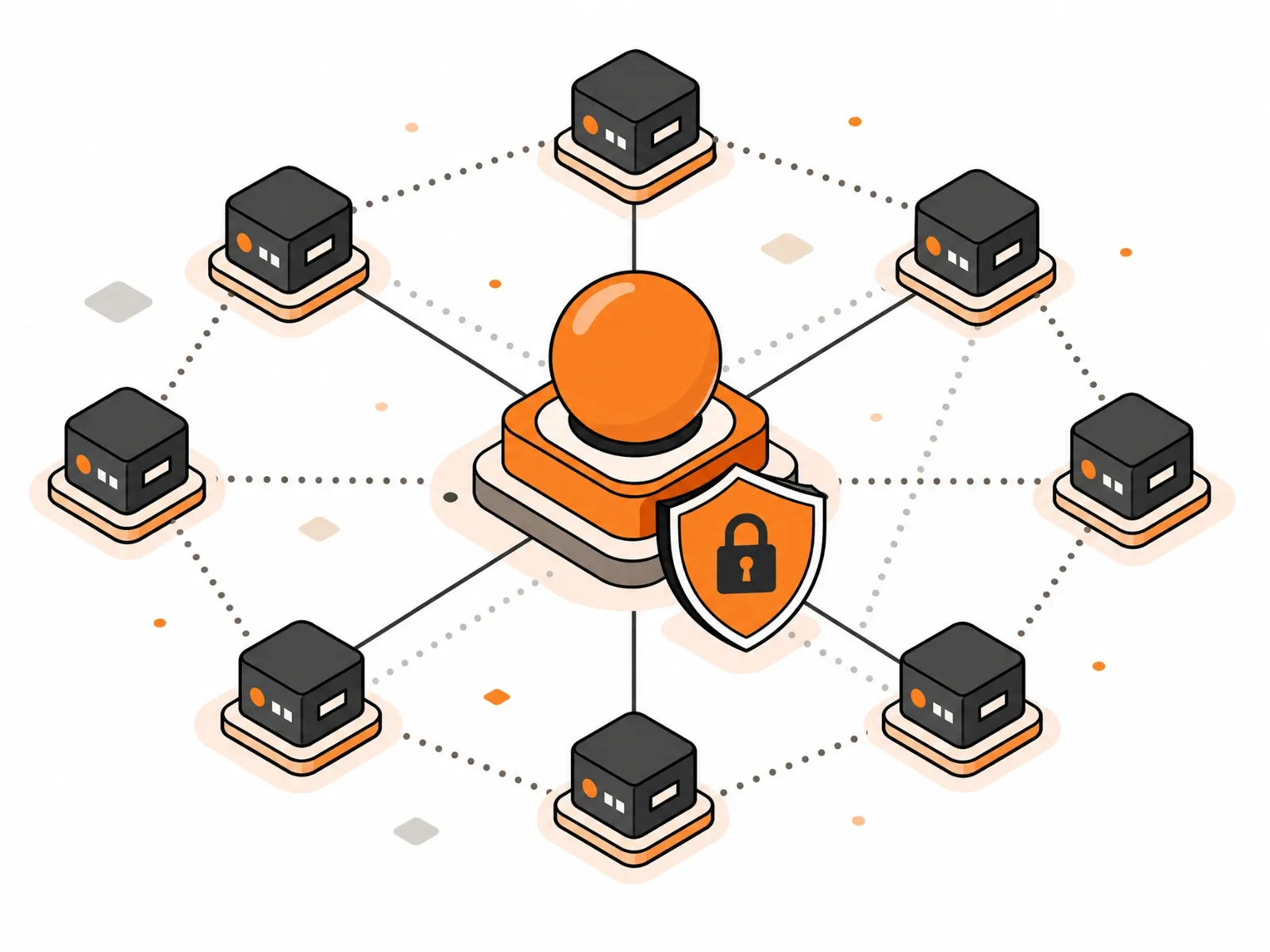 Decentralized network of servers connected around a central node with a security shield and lock