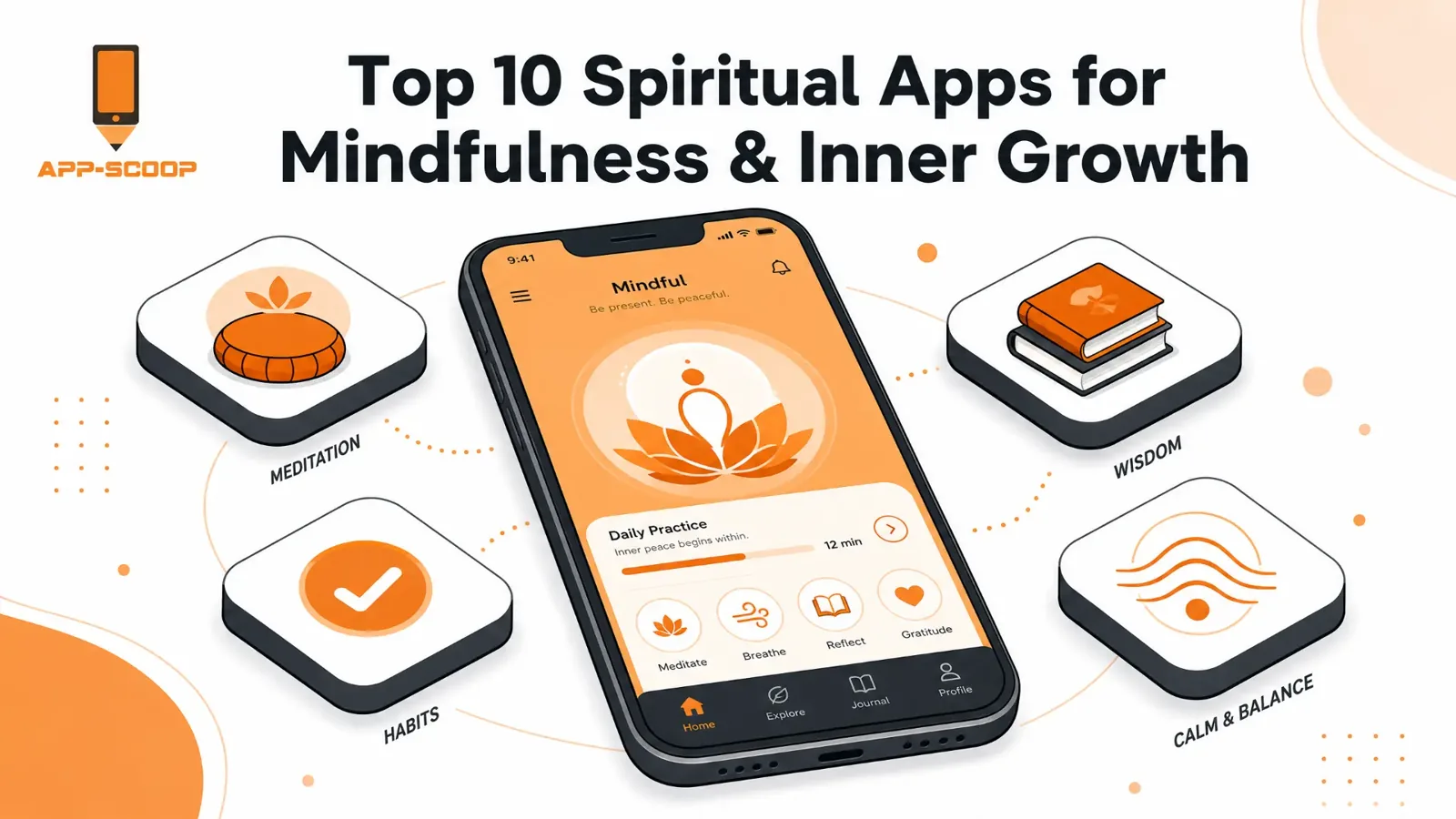 Top 10 spiritual apps for mindfulness and inner growth, shown around a meditation app interface