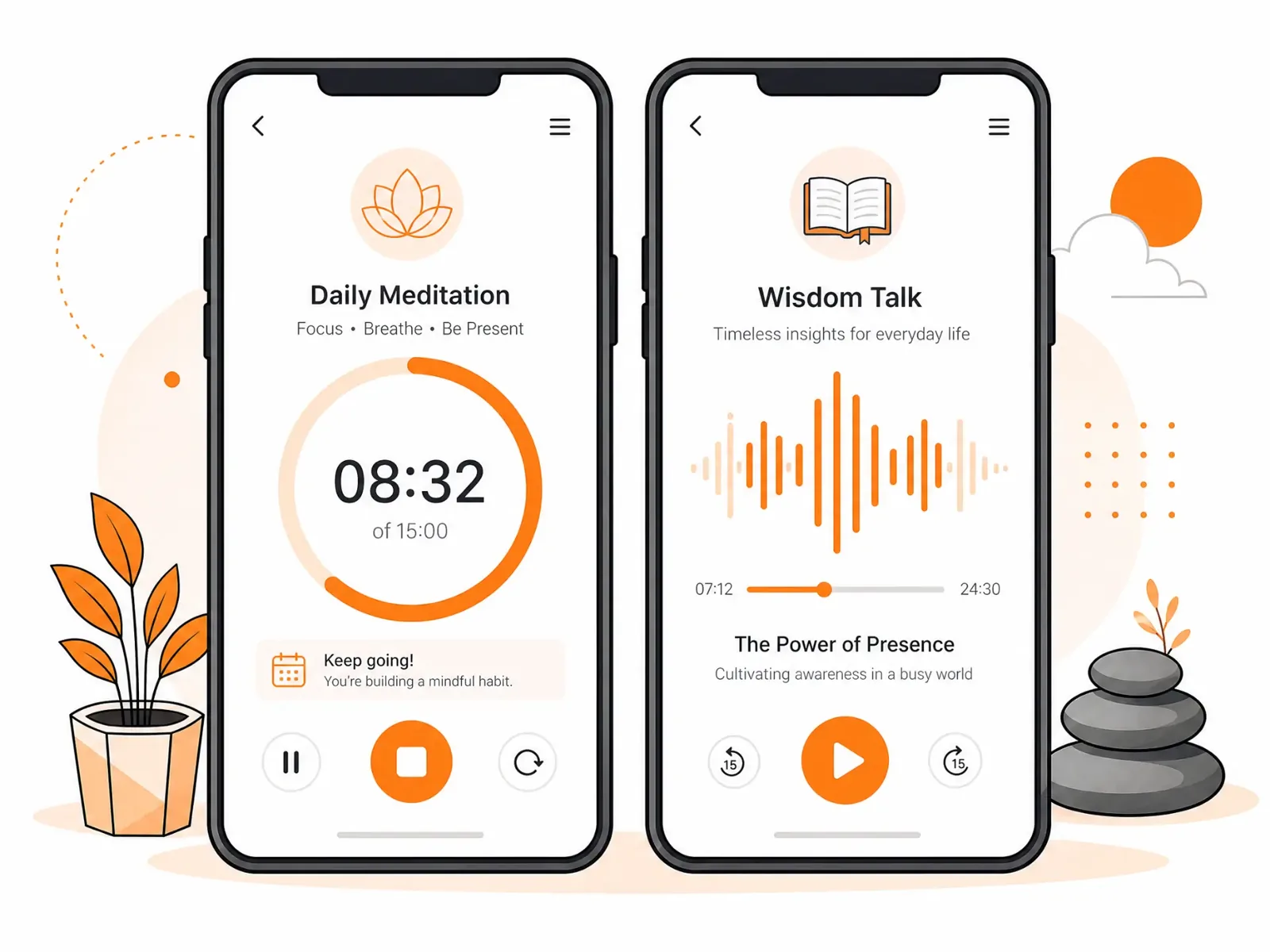 Two phone screens side by side showing a guided daily meditation timer and a wisdom talk audio player