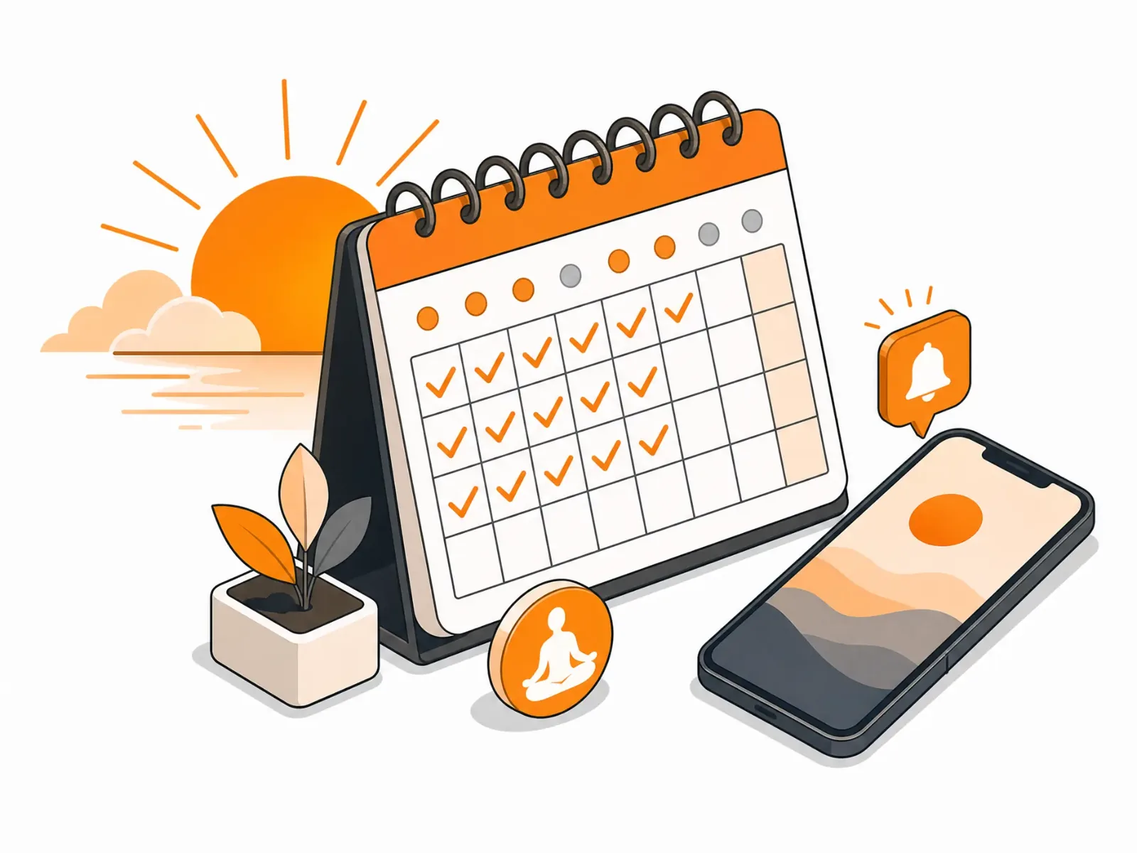 Calendar with daily check marks beside a phone and reminder notification, representing a consistent morning practice