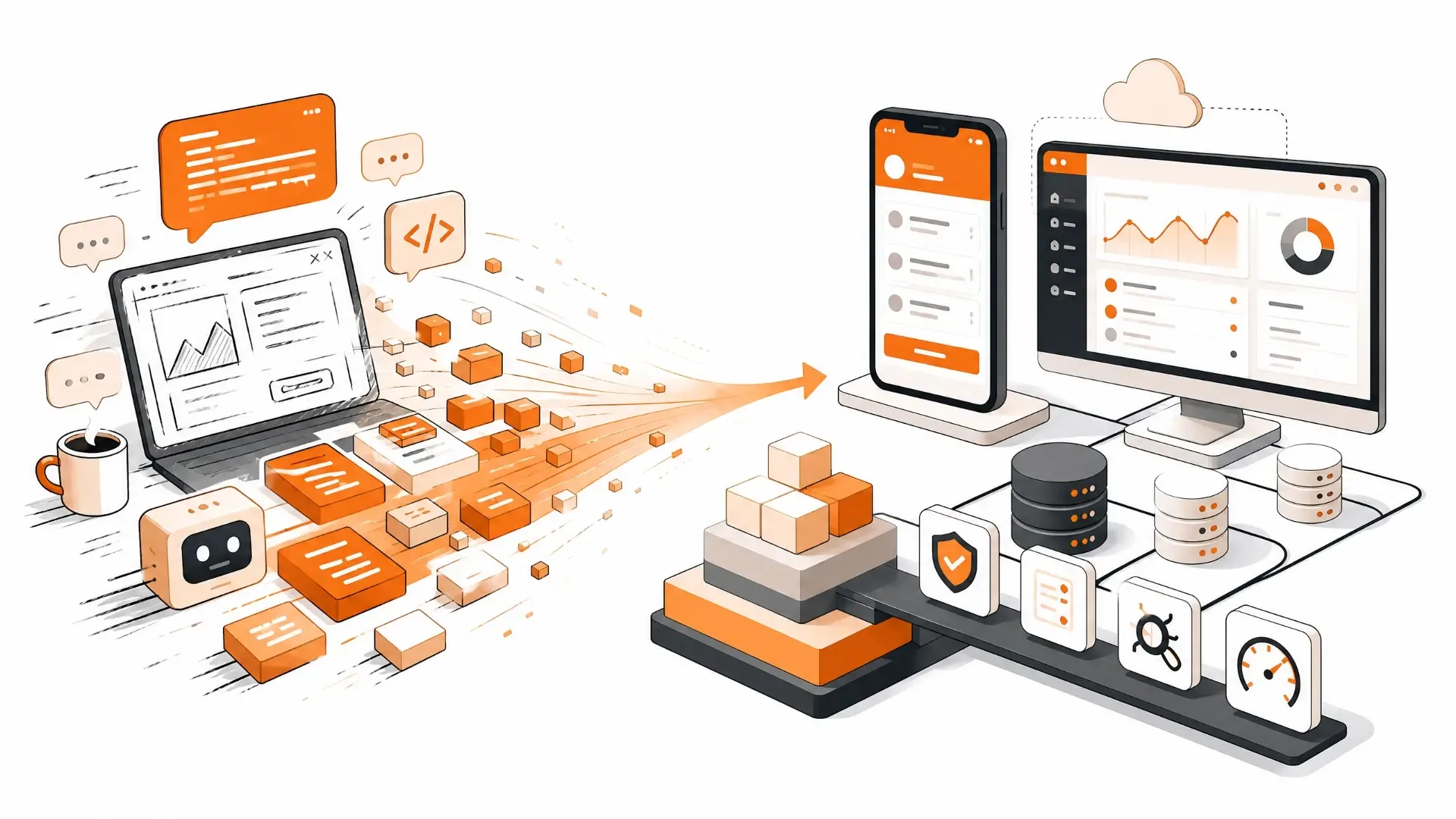 Illustration comparing AI-assisted vibe coding on one side with a professionally engineered, tested and secured production system on the other.