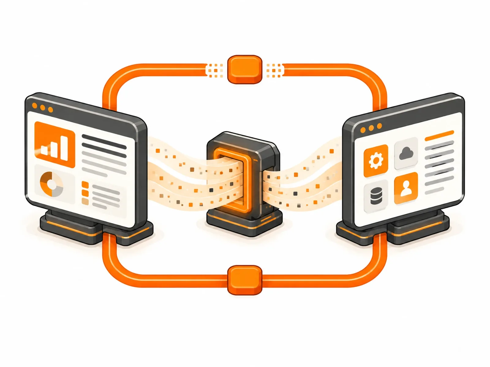 Two application dashboards connected through a central integration hub by data pipelines, illustrating how an API passes data between systems.