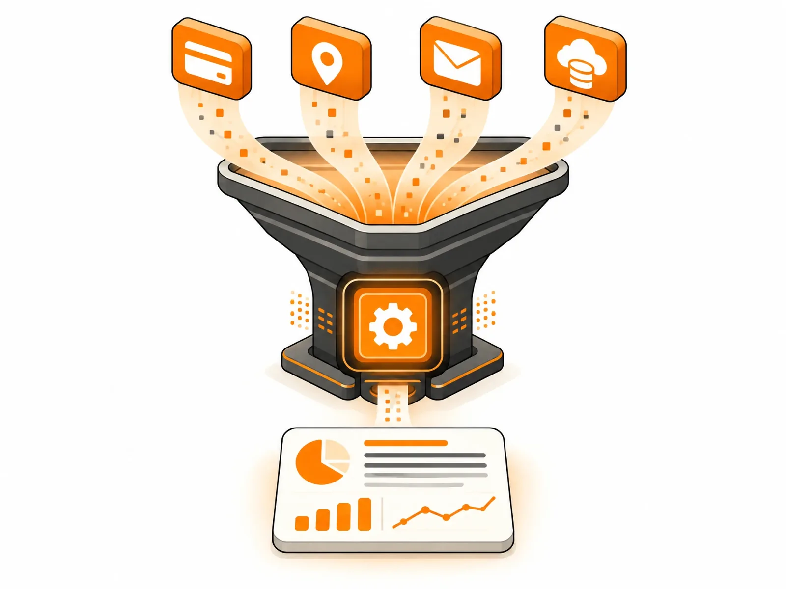 A processing funnel turning inputs from payment, location, email and cloud services into a clean analytics report, representing an integration pipeline producing business output.