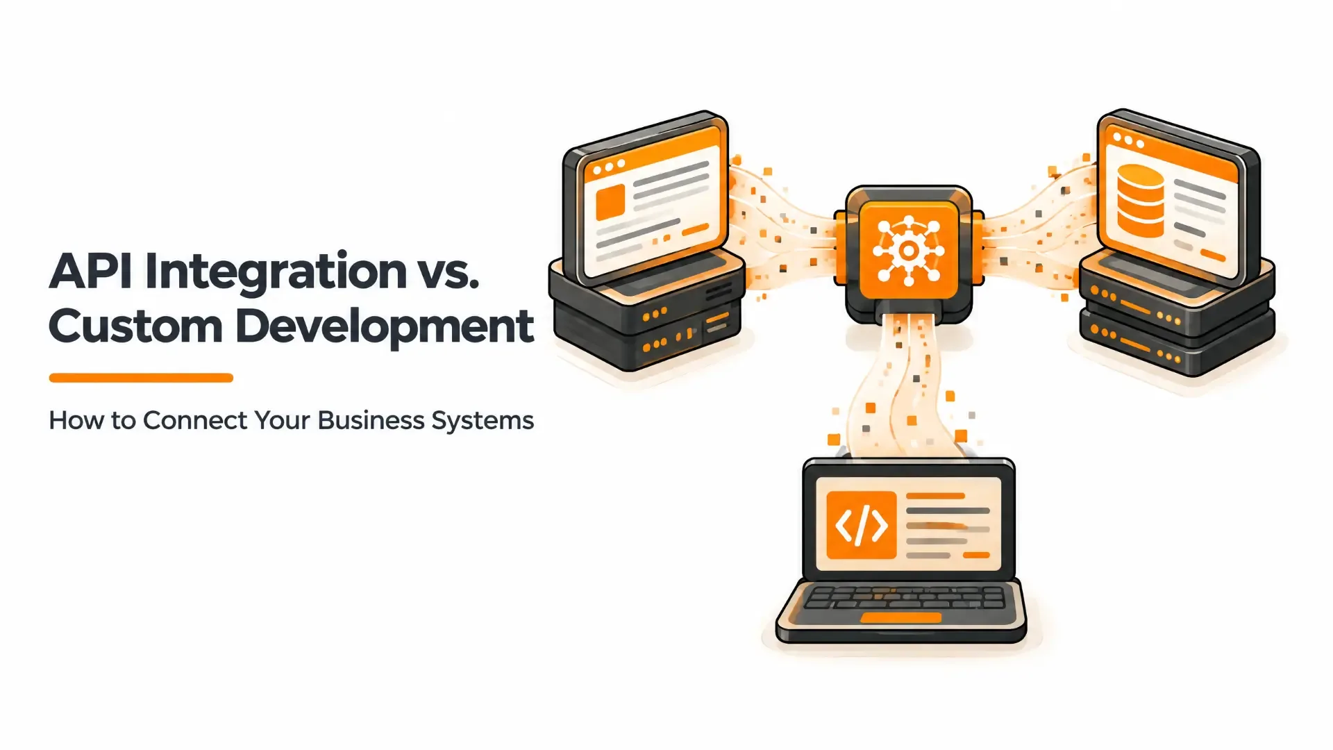 Illustration of an API hub connecting a web dashboard, a database server and a laptop, representing API integration connecting business systems.
