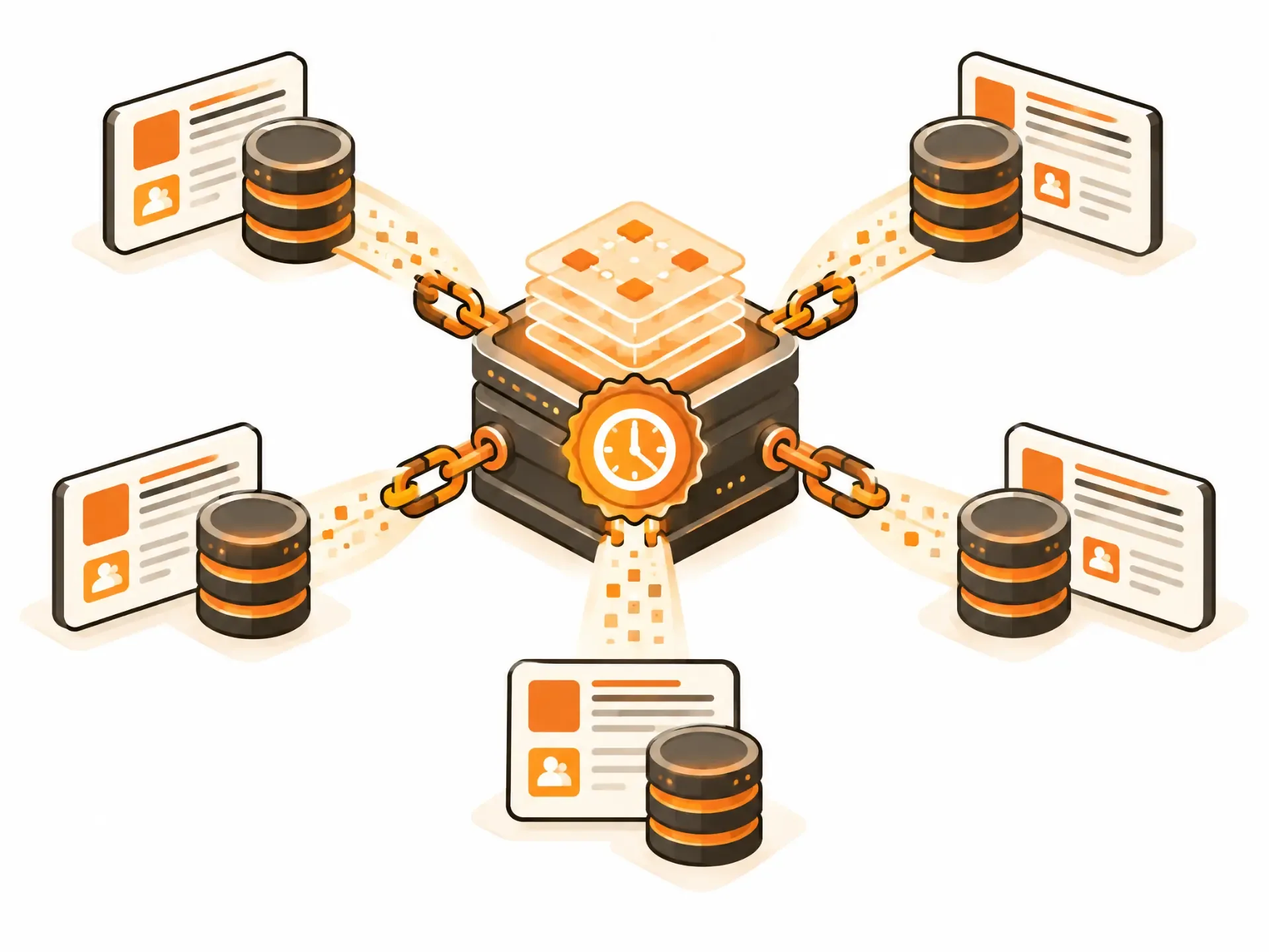 A shared blockchain ledger synchronizing timestamped records across several participant databases.
