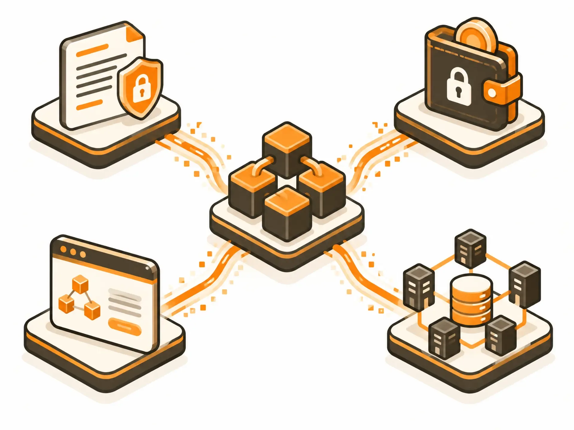 Secure blockchain architecture connecting smart contracts, digital wallets, applications, and enterprise databases.