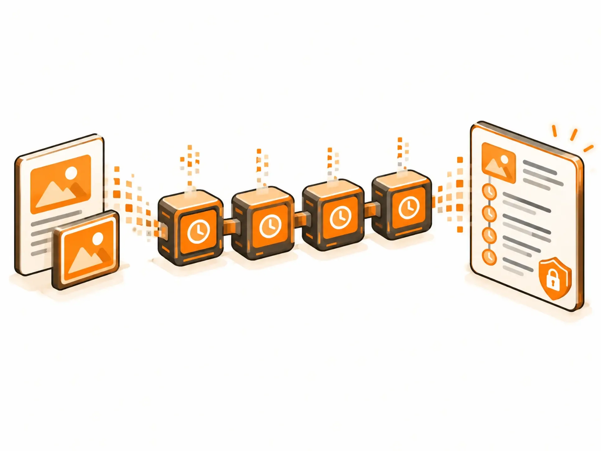A sequence of blockchain records preserving timestamps and version history between original creative files and a protected intellectual property record.