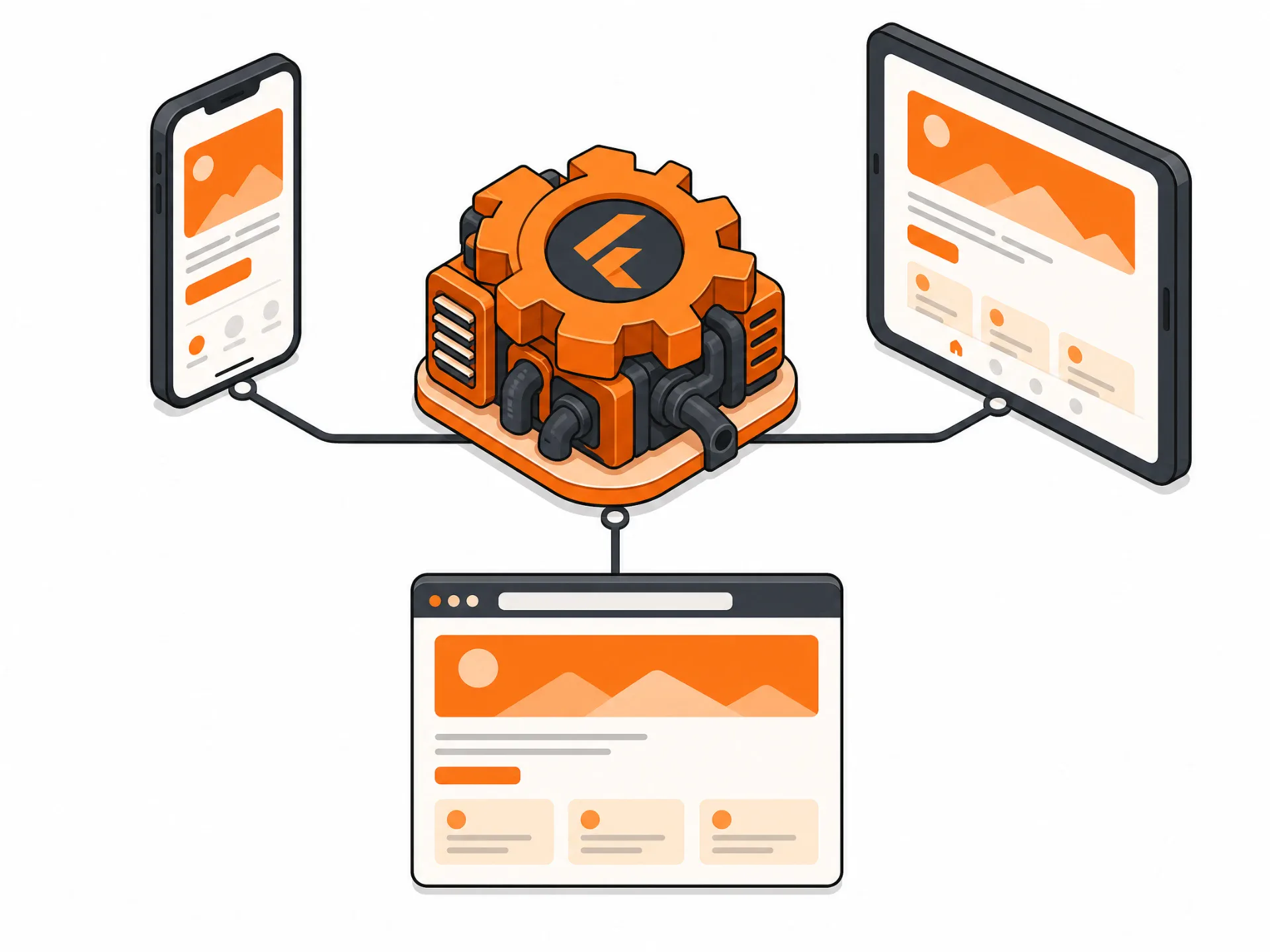 A single Flutter engine powering a phone, a tablet, and a web browser from one shared codebase.