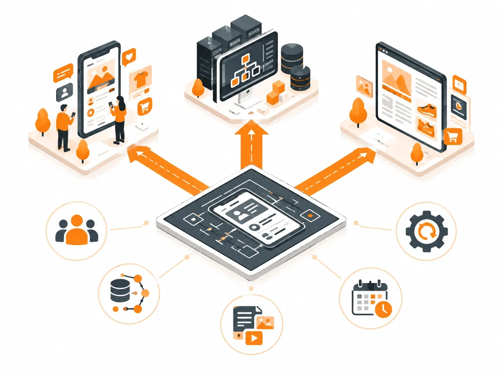 A full-stack decision framework connecting a central application to user experience, infrastructure, e-commerce, team, data, content and maintenance considerations.