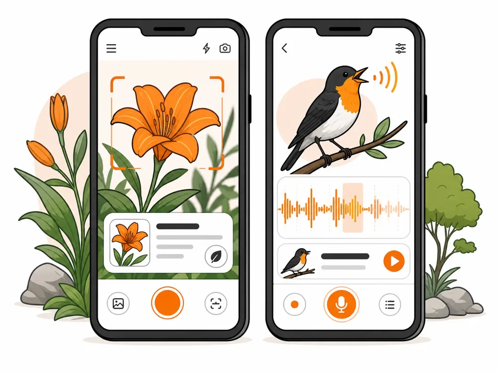 Two smartphones showing plant photo identification and birdsong sound identification app interfaces
