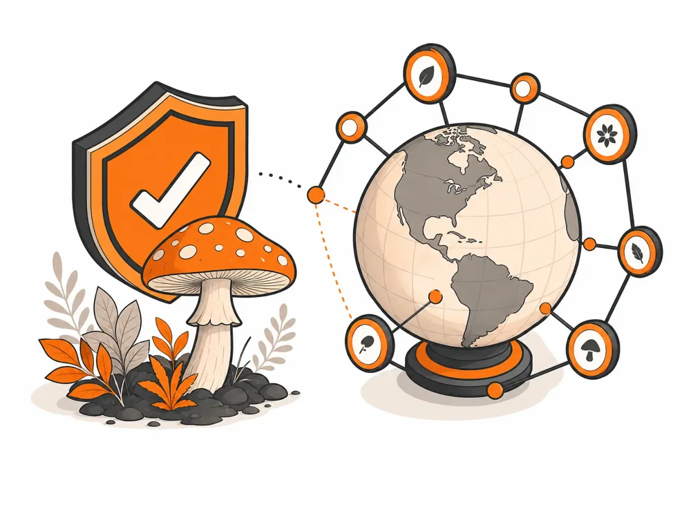 Safety shield beside a mushroom and a globe connected to a species identification network