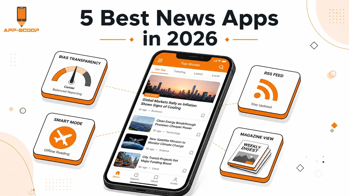 5 Best News Apps in 2026 — a phone showing a top-stories feed surrounded by bias transparency, RSS, offline smart mode, and magazine view features.