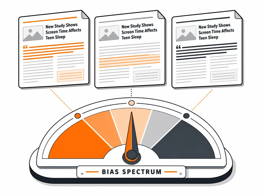 Three versions of the same headline rated across a bias spectrum dial, showing how differently outlets frame one story.