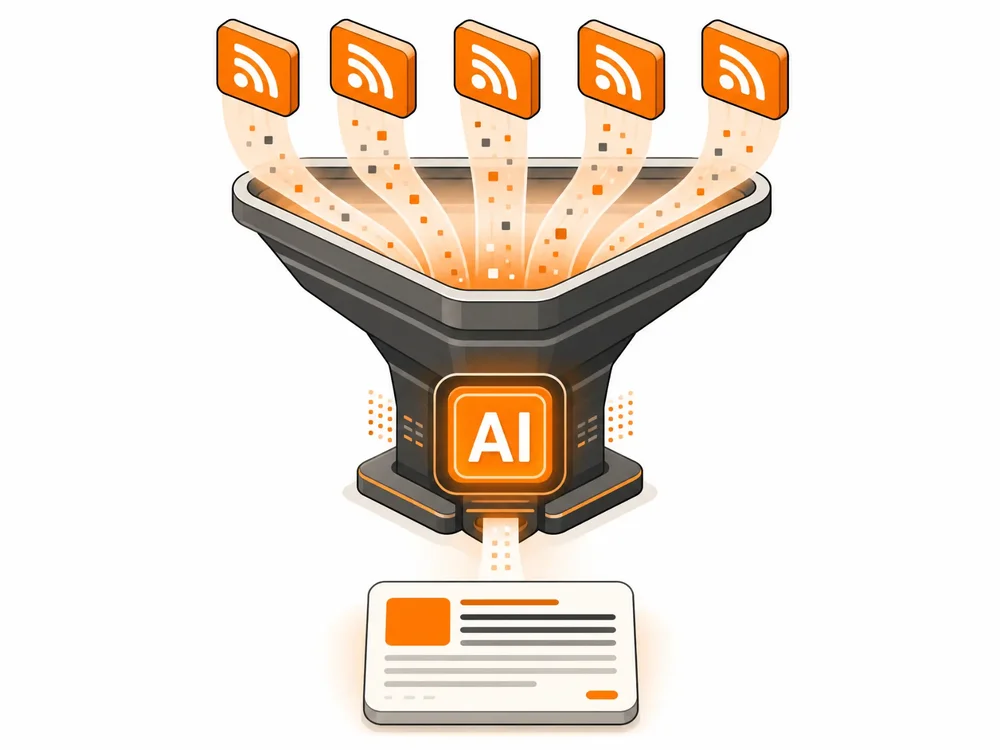 Multiple RSS feeds flowing into a funnel with an AI core, producing a single summarized news card.