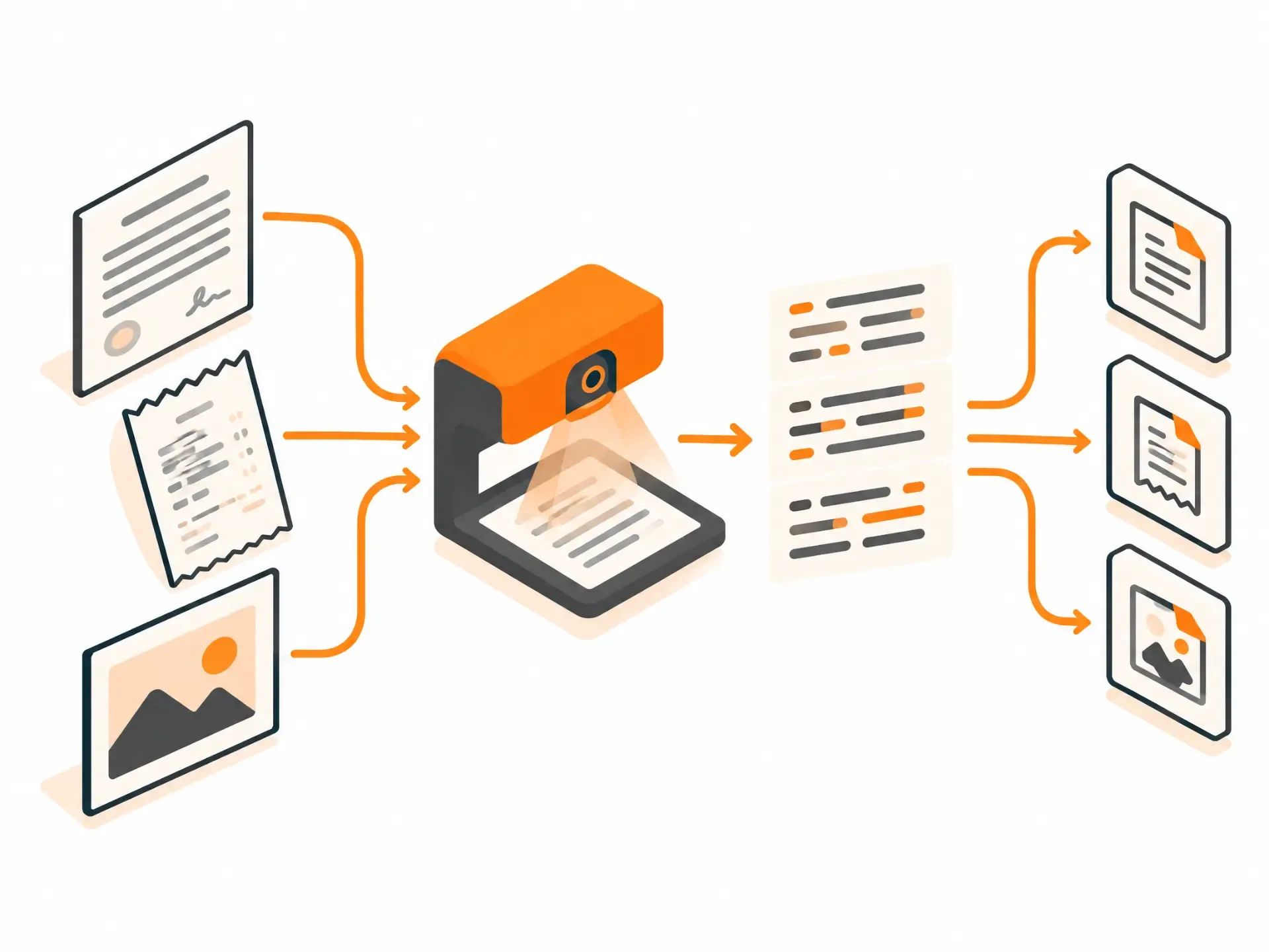 An OCR workflow converting scanned documents, receipts and photographed pages into raw digital text and searchable files.