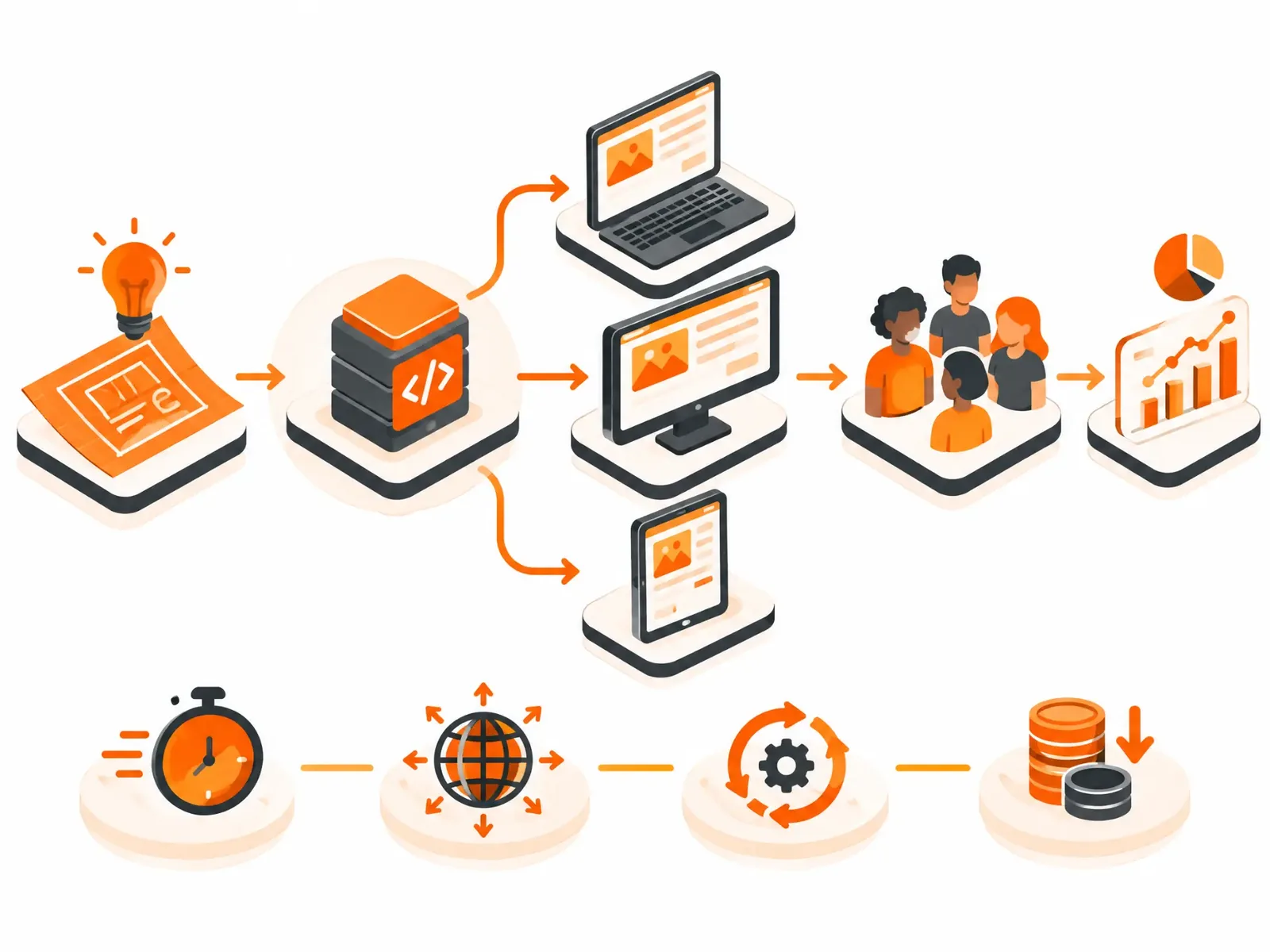 A web-first product validation path moving from an idea and shared codebase to multiple devices, real users and measurable growth.