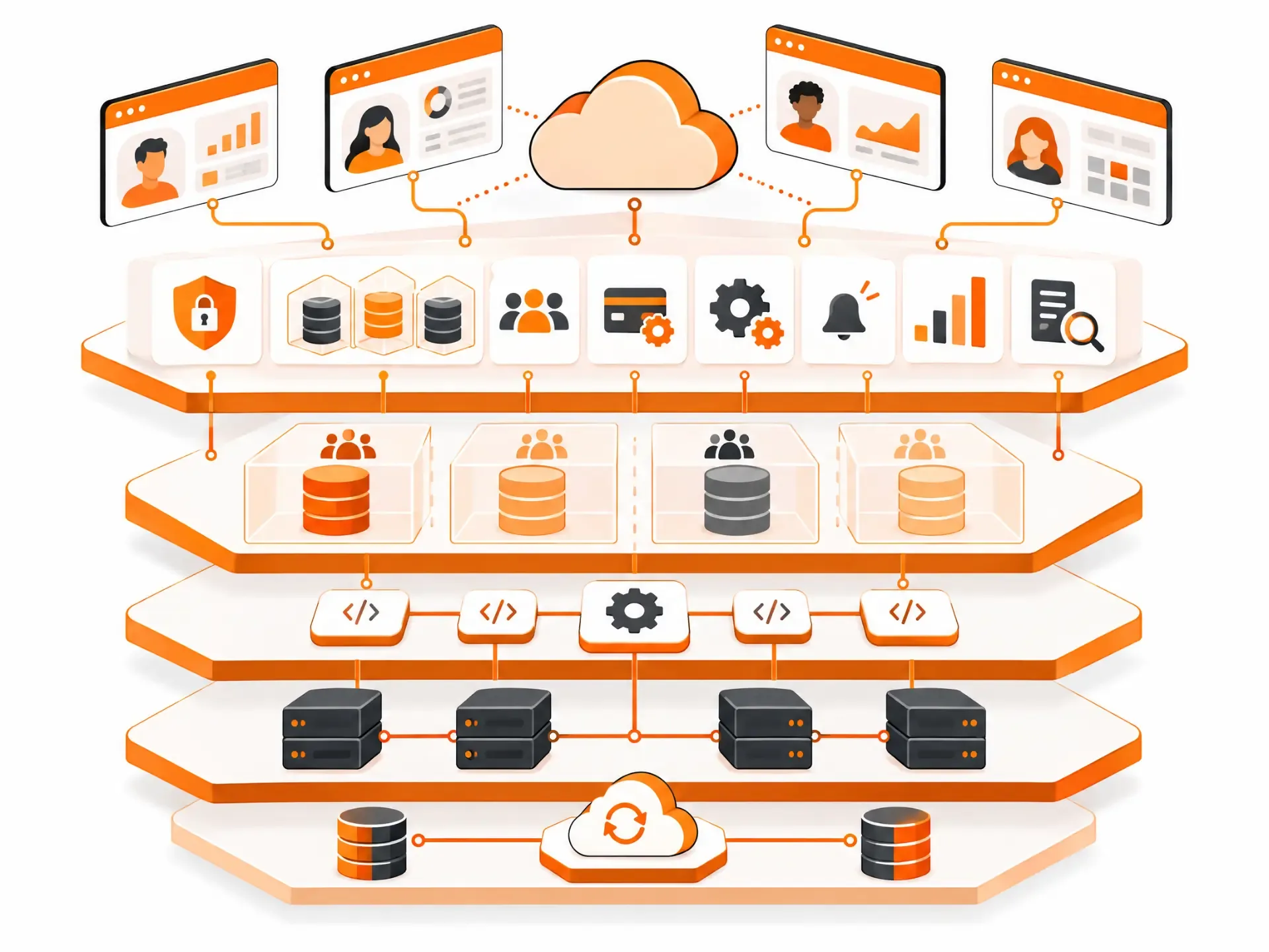 The foundations of a SaaS architecture: user-facing apps on top, shared services and tenant data in the middle, code and cloud infrastructure at the base.