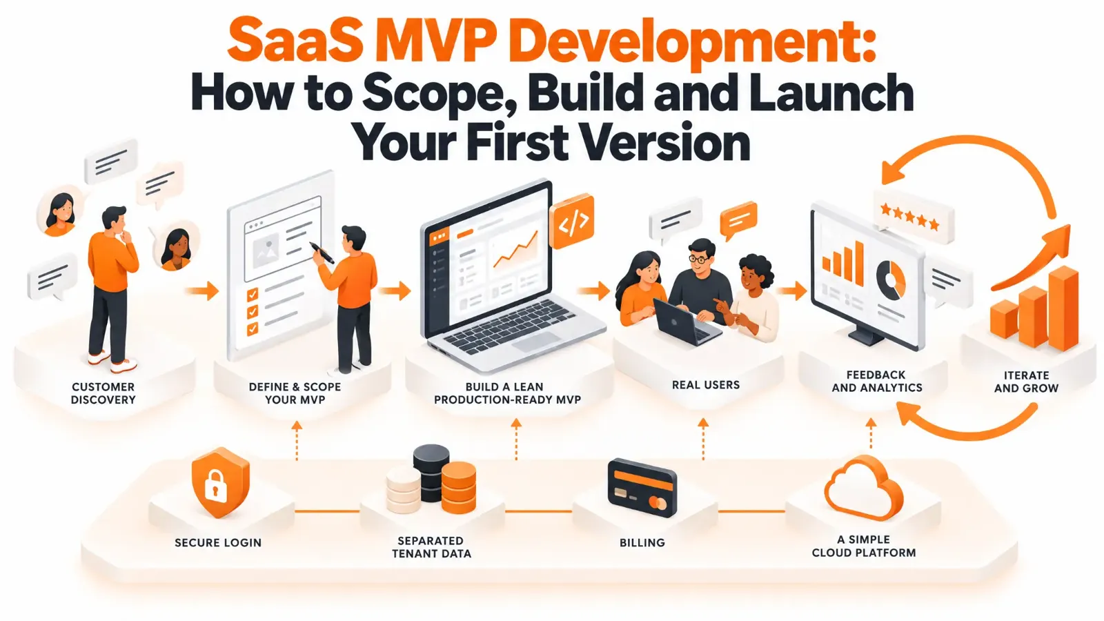 Illustration of SaaS MVP development: scoping a lean first version, building it and launching it to real customers.