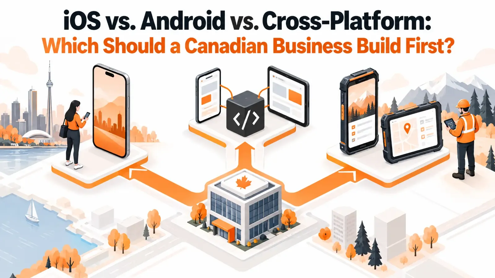 Illustration comparing iOS, Android and cross-platform app development choices for Canadian businesses.
