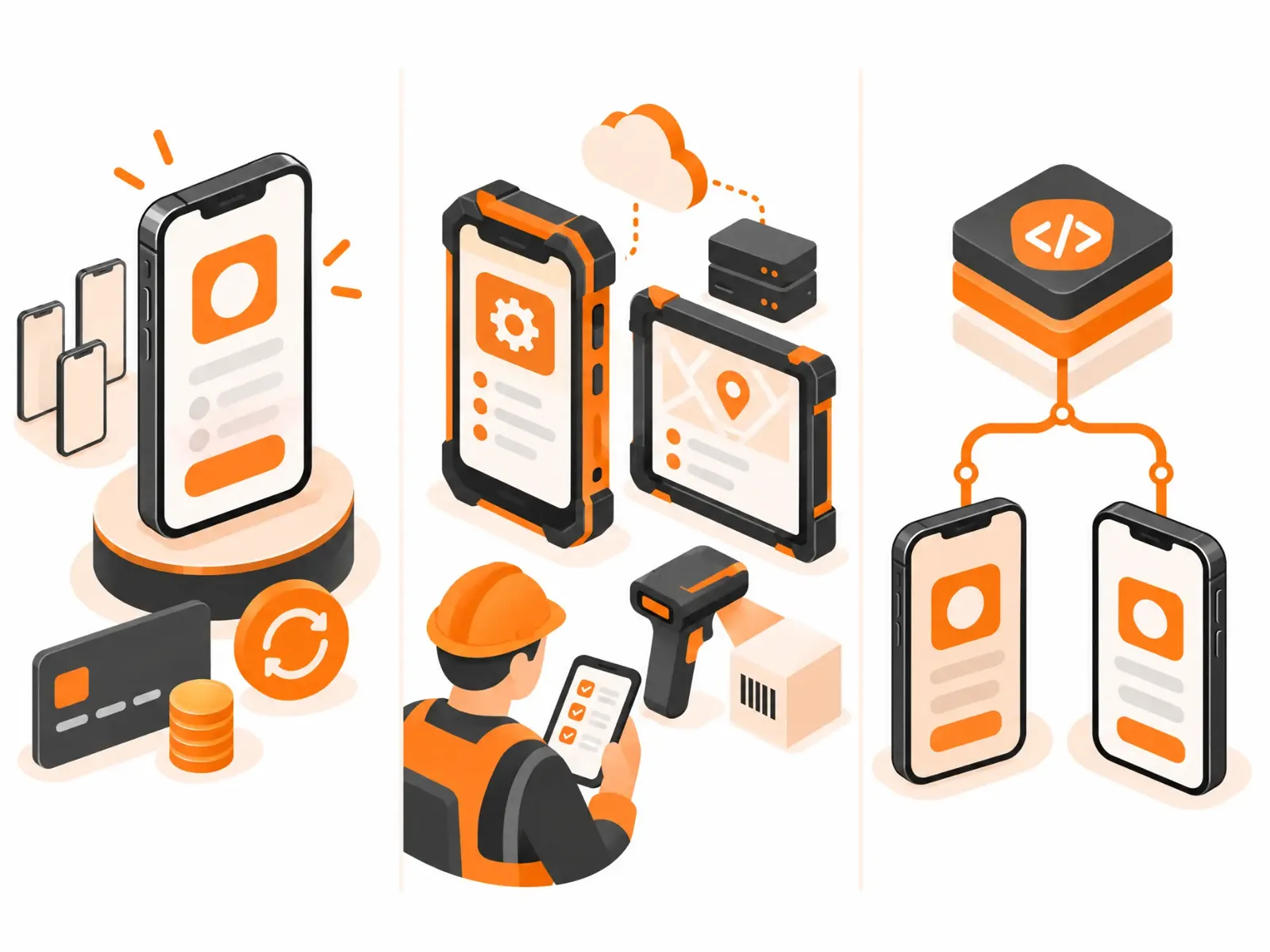 Three paths for a mobile app: native iOS, native Android, or one cross-platform codebase that ships to both app stores.