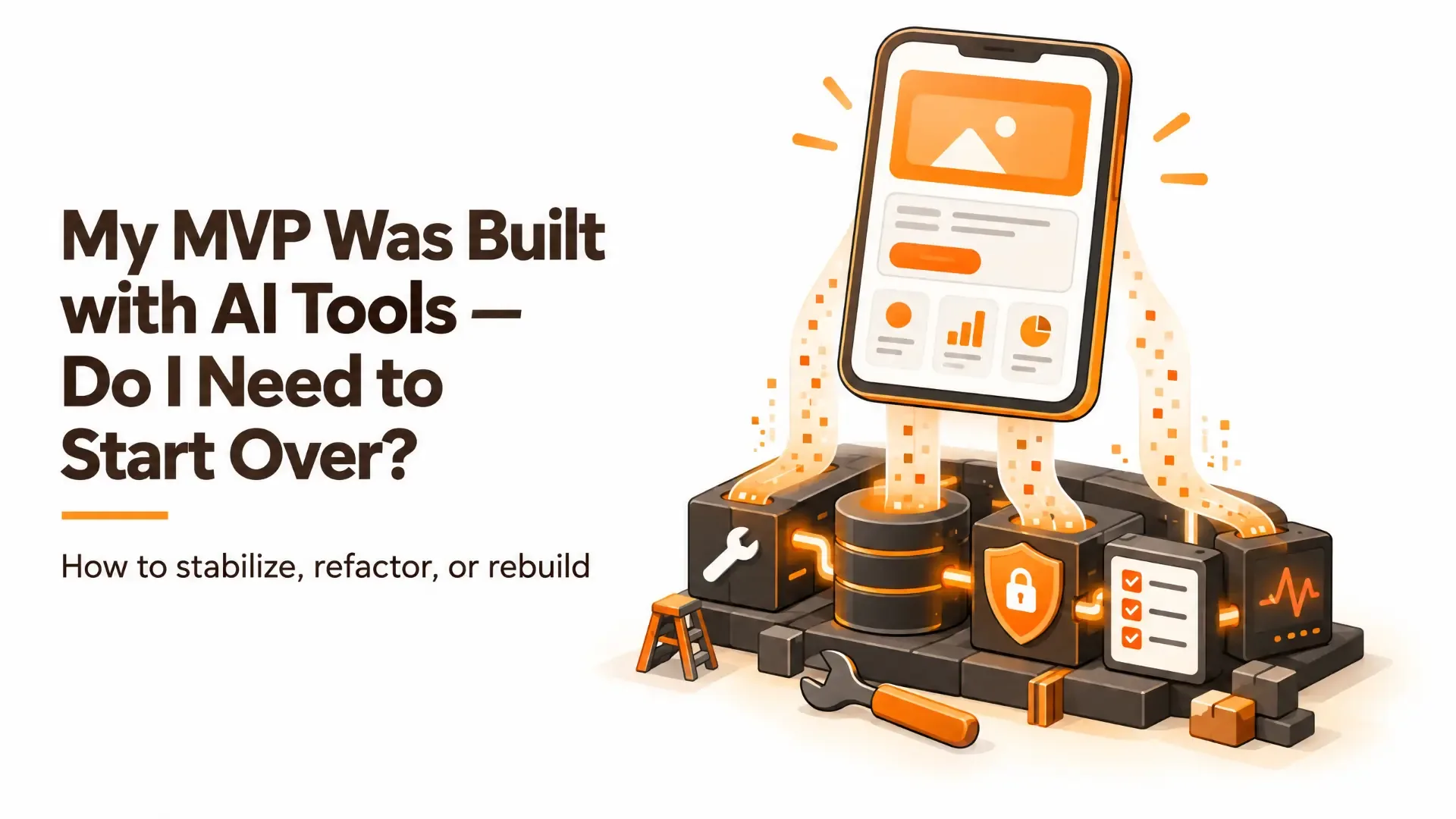 An AI-built mobile app being reinforced with secure infrastructure, monitoring and maintenance tools.