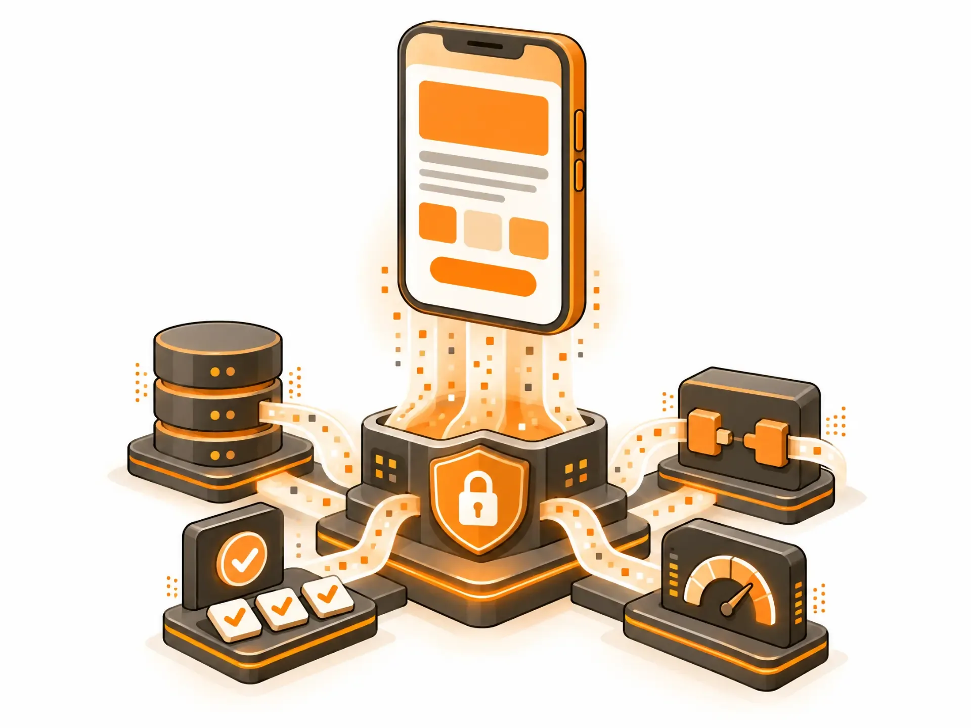 An AI-built mobile product connected to a secure database, integrations, automated checks and performance monitoring.