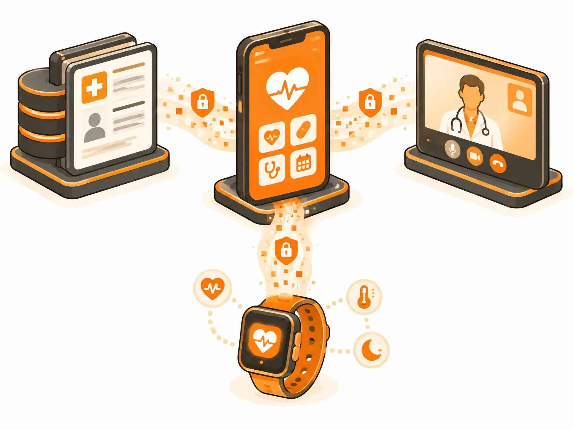 A healthcare mobile app exchanging protected medical data with records, telehealth, and wearable systems.