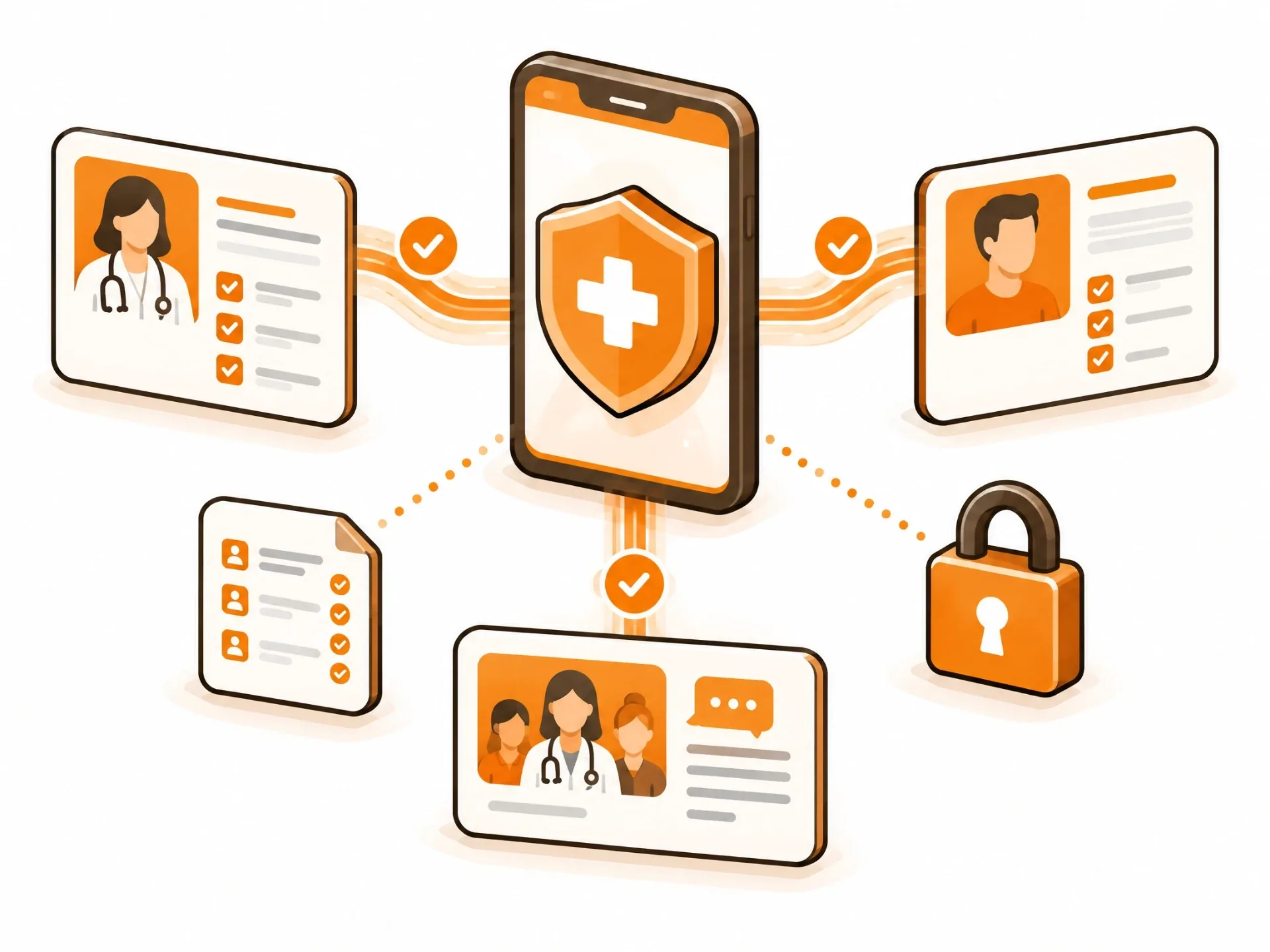 Healthcare identities and care teams protected by mobile security, verified access, and private health records.
