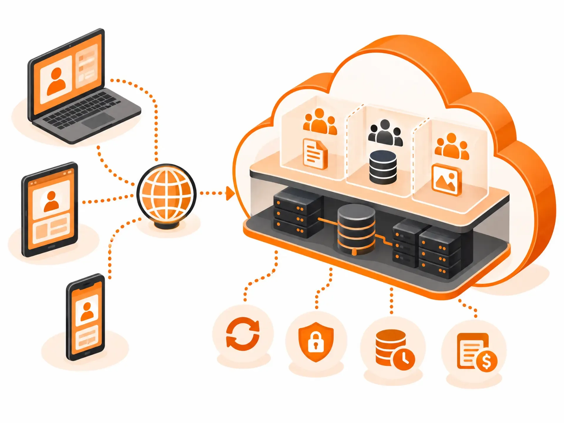 Laptops, tablets and phones connecting over the internet to a multi-tenant cloud where each customer's data is kept separate, with updates, security, backups and billing handled by the provider.
