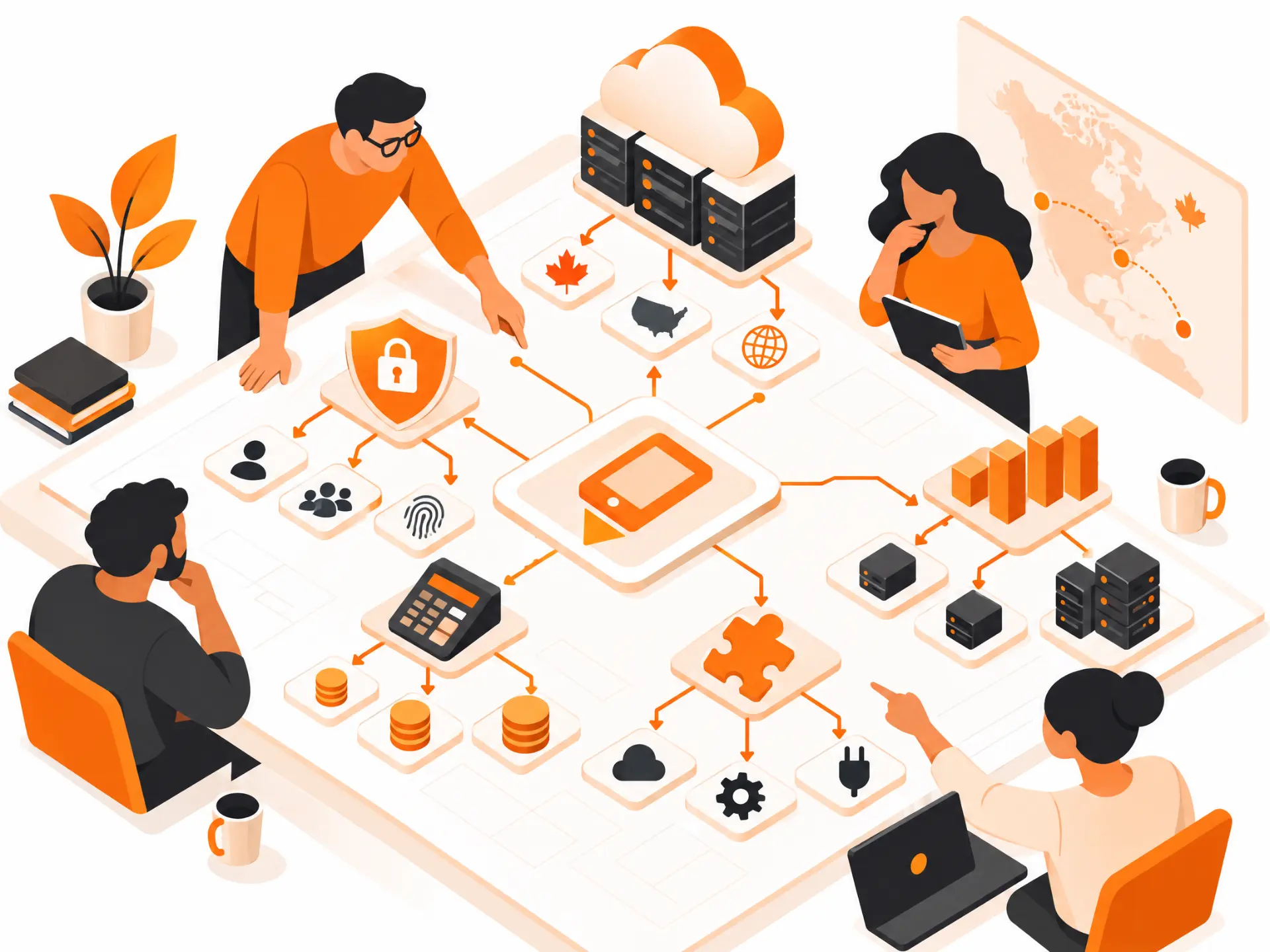 A SaaS product team mapping cloud hosting, privacy, security, billing, integrations and analytics before development.
