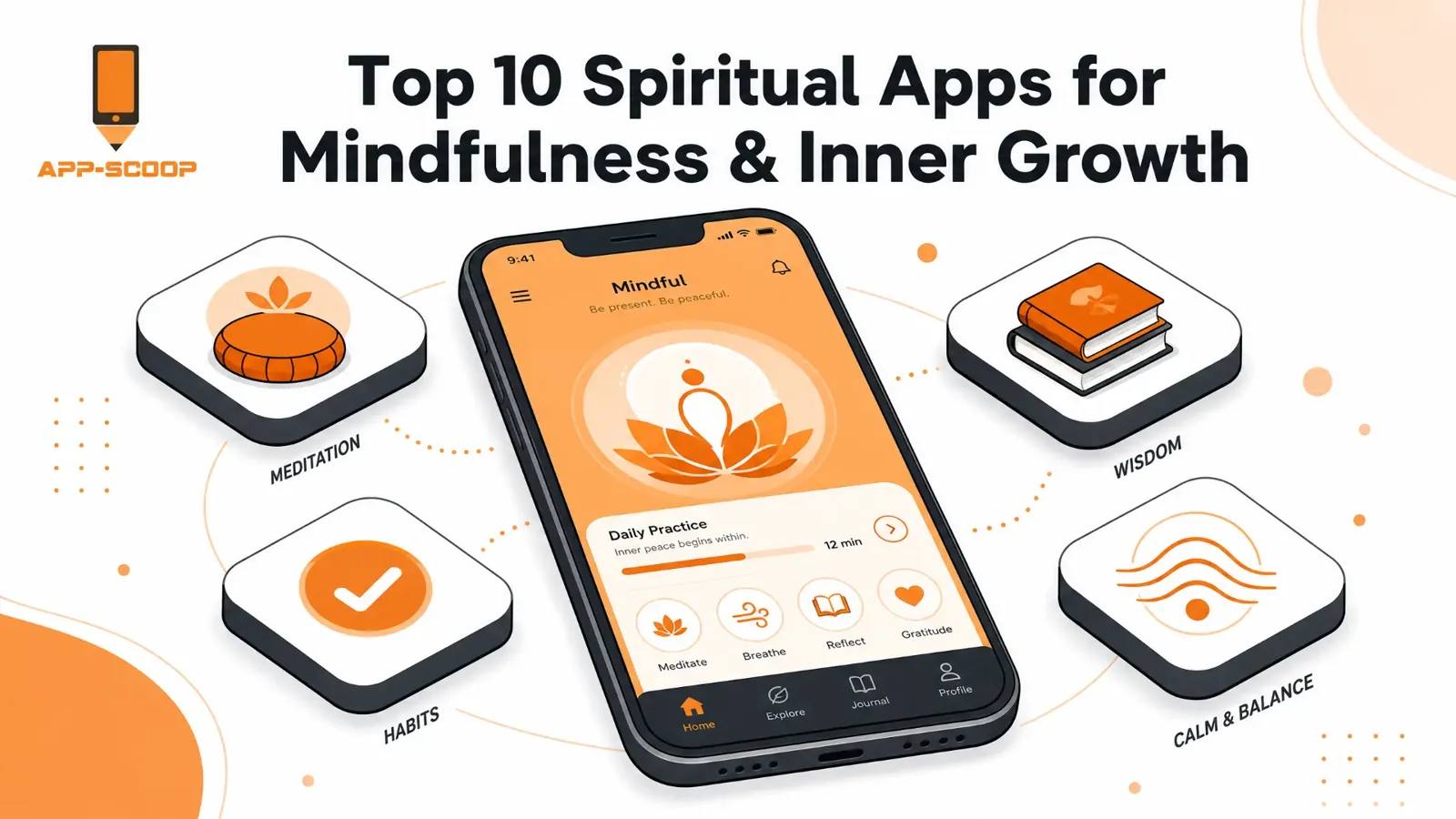 Top 10 spiritual apps for mindfulness and inner growth, shown around a meditation app interface