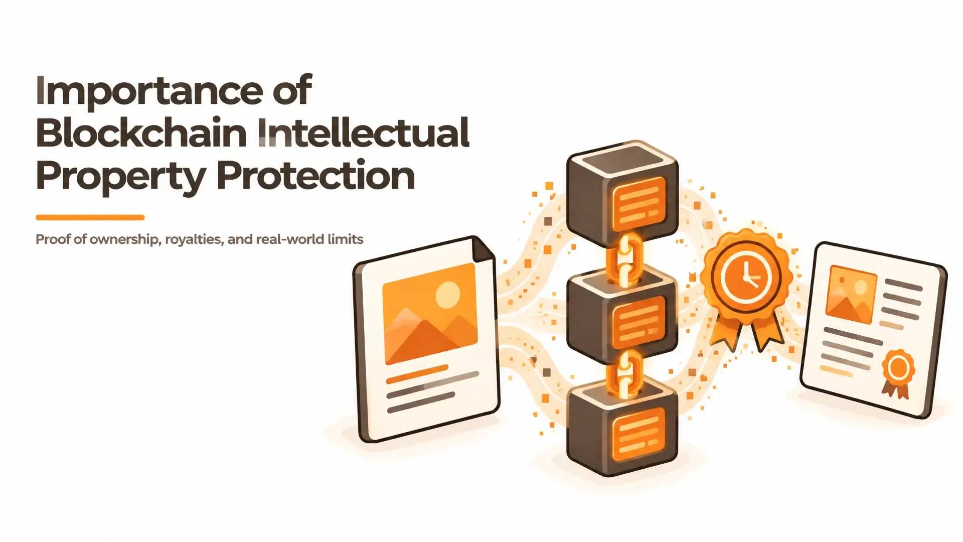 Blockchain records linking original creative work to timestamped proof of ownership and an intellectual property certificate.
