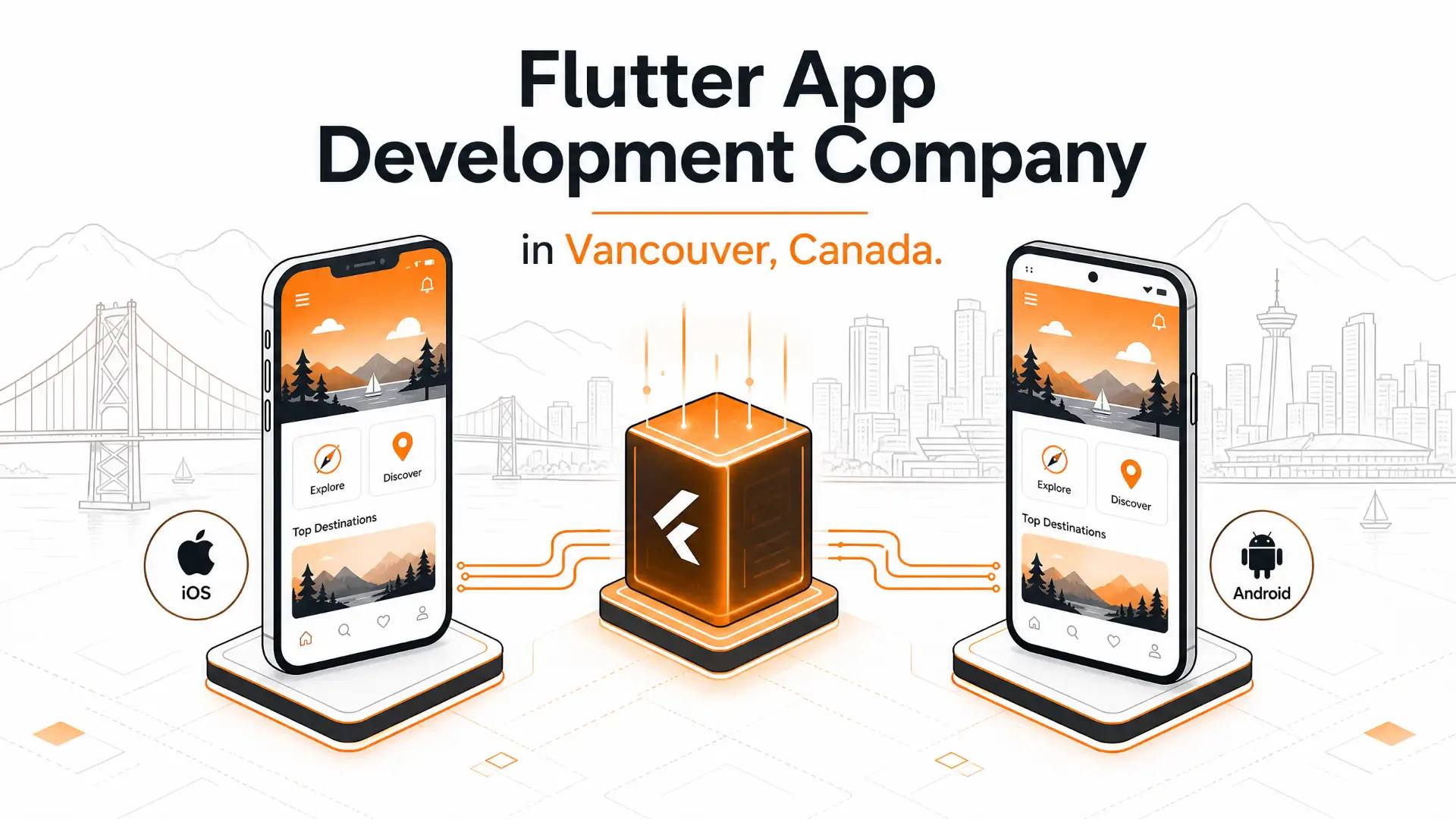 Flutter App Development Company in Vancouver, Canada — illustration showing an iOS and an Android phone powered by a single Flutter codebase against a Vancouver skyline.