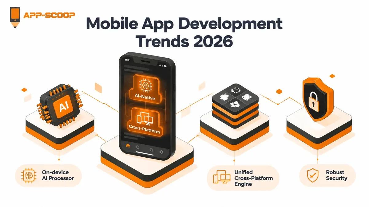 Mobile App Development Trends 2026 — illustration of a phone showing AI-native and cross-platform features alongside an on-device AI processor, a unified cross-platform engine, and a security shield.