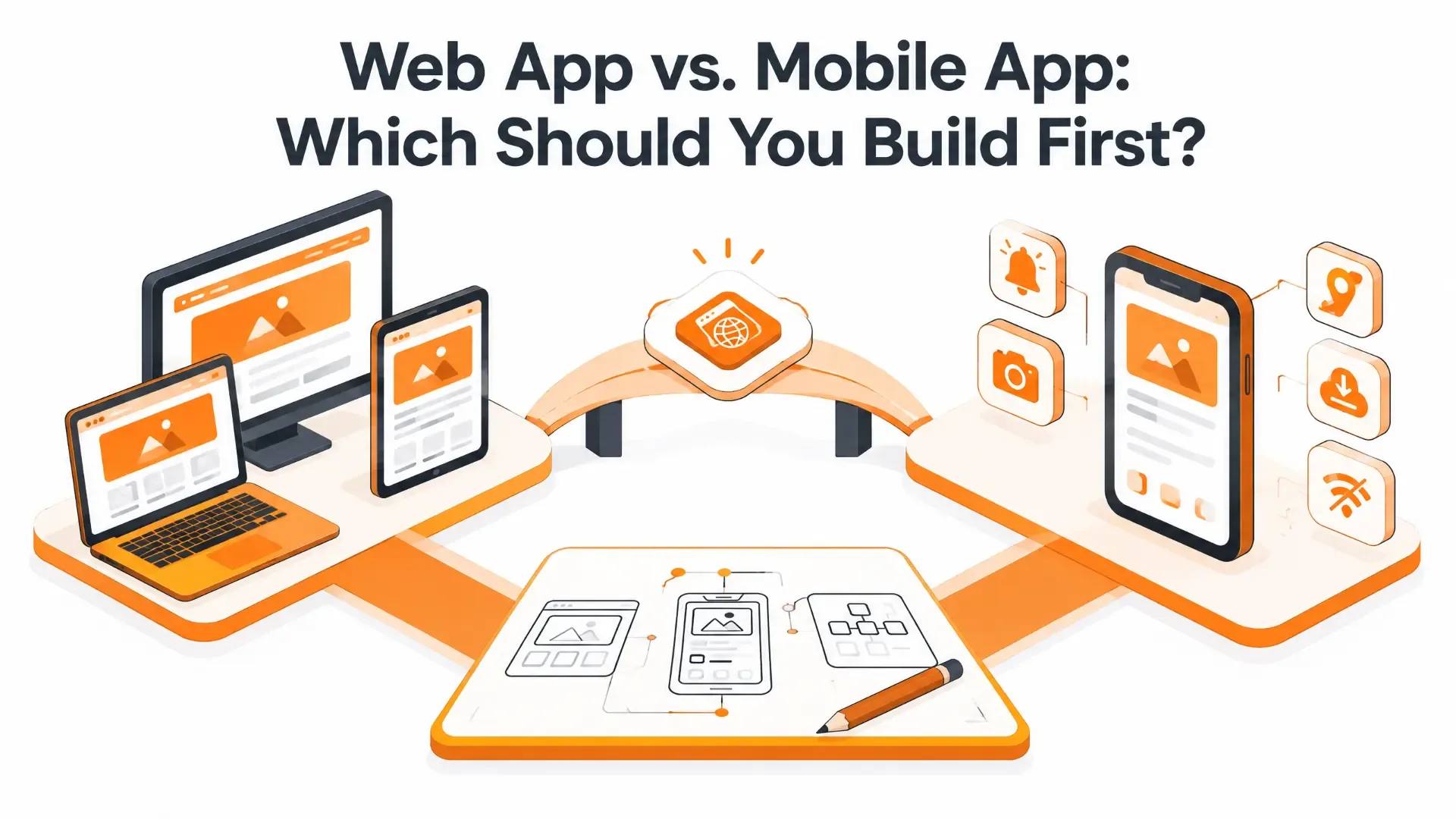 Illustration comparing web and mobile app development paths across desktop, tablet and smartphone devices.