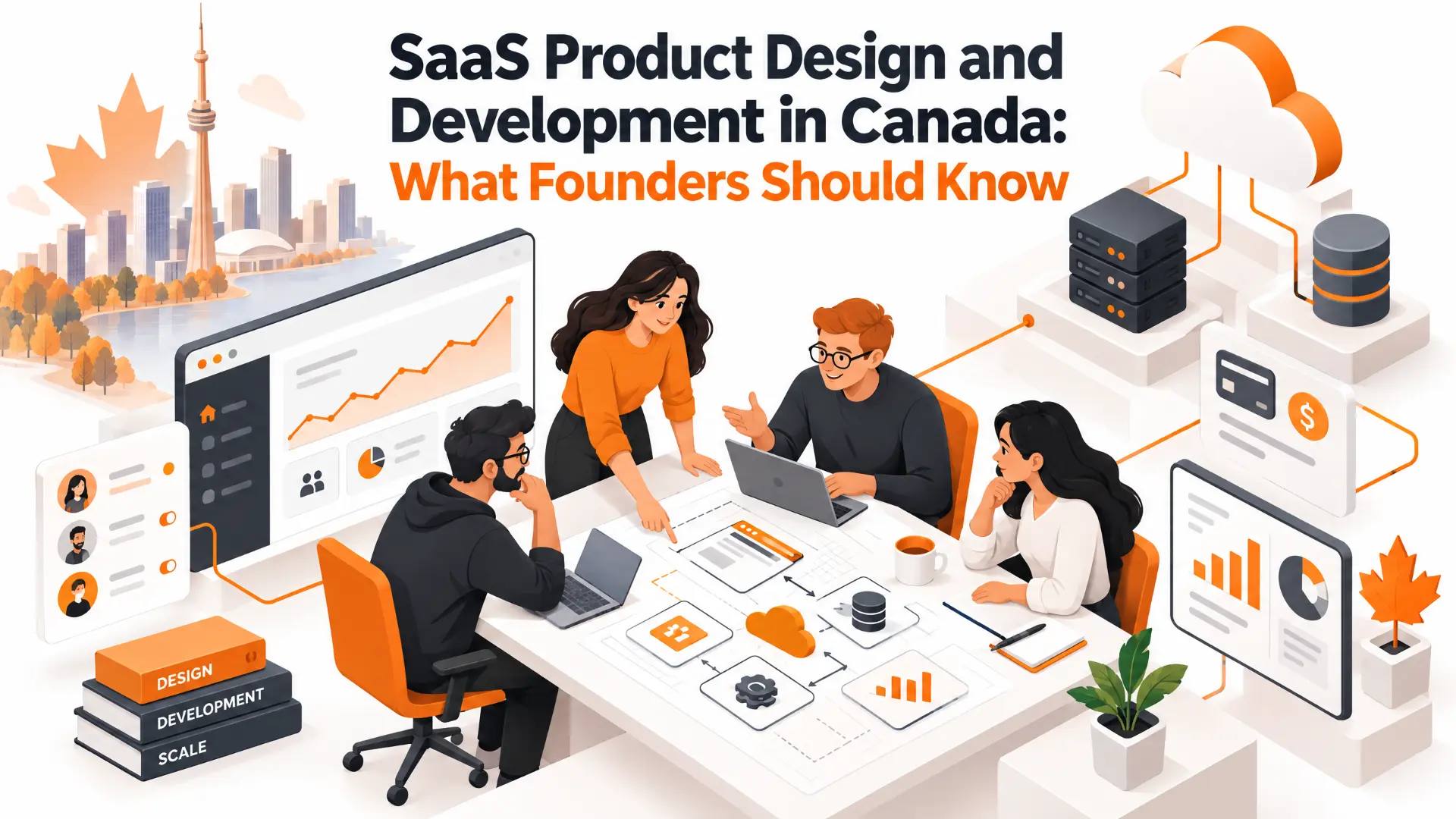 Canadian SaaS product team planning design, cloud infrastructure, billing and analytics around a shared workspace.