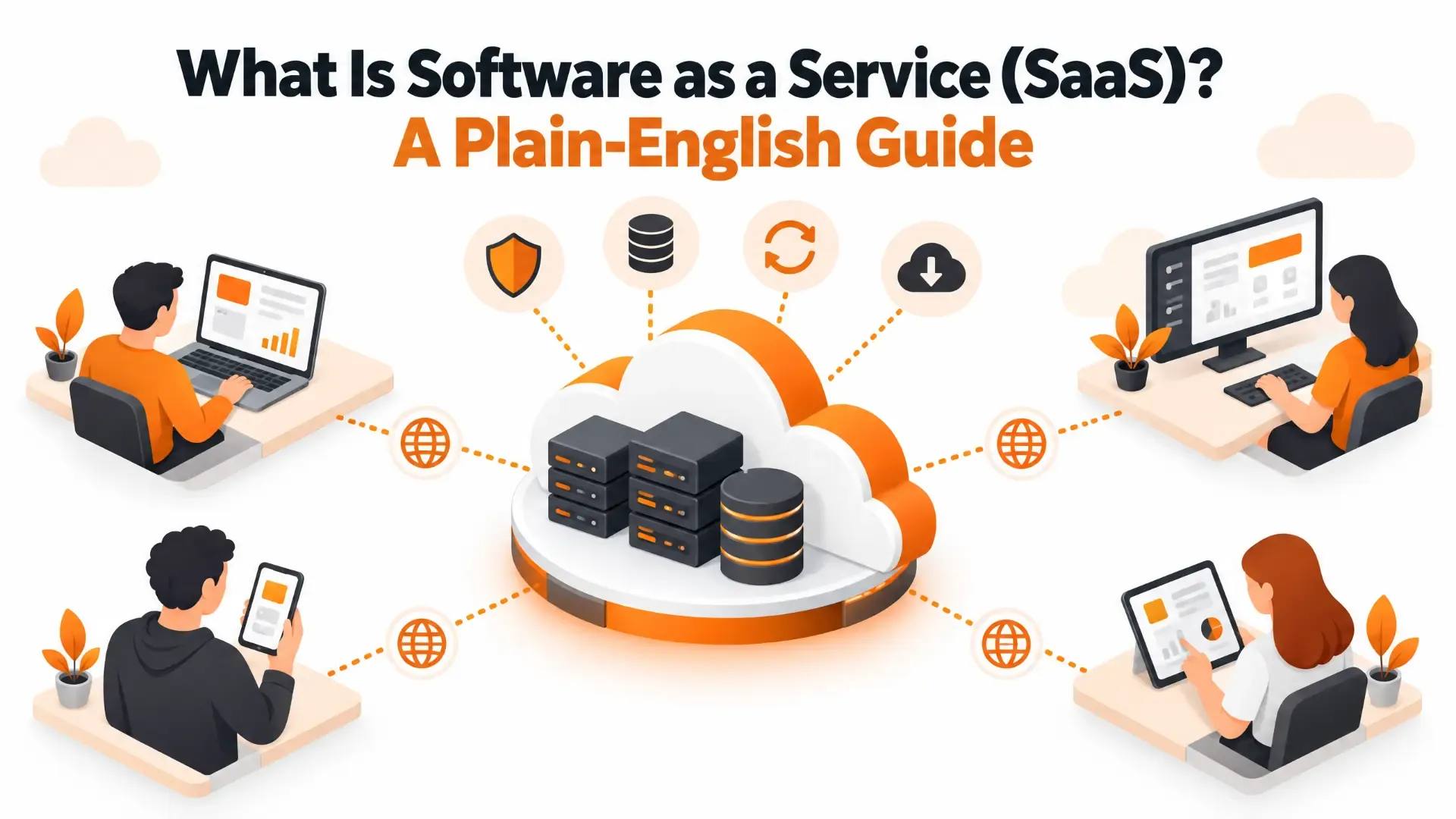 People using SaaS apps on laptops, tablets and phones, all connected over the internet to shared cloud servers.